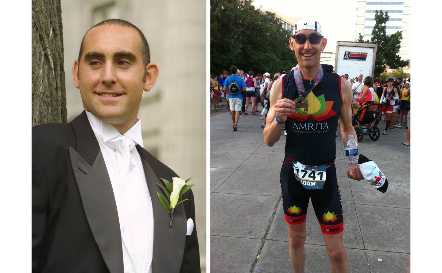 Two photos of Adam Chaim, in the left he's wearing a tuxedo and the right he's at the end of an iron man race holding a medal around his neck