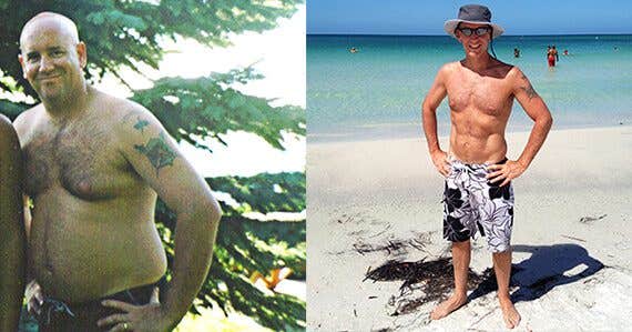 Food-loving Patrick McGilvray before he went on a healthy, vegan diet and after. In the after shot, McGilvray looks very fit and stands bare-chested on a beach.