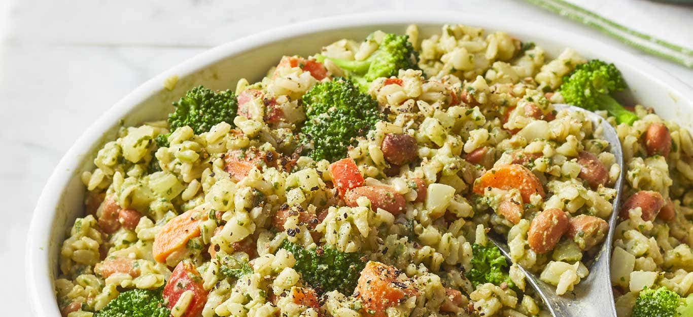 Cauliflower Rice Bowls with Vegan Pesto in a white bowl