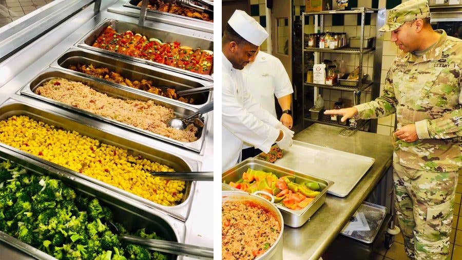 Two images side by side: on the left is a an array of vegan side dishes. On the right, a man in a military uniform talks to the chef as he working