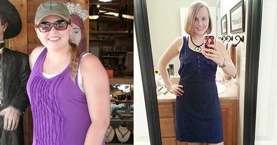 Mackenzie Holiday before and after eating a whole-food, plant-based diet. In the after photo Holiday takes a selfie in the bathroom mirror and is wearing a slim-fitting black dress.