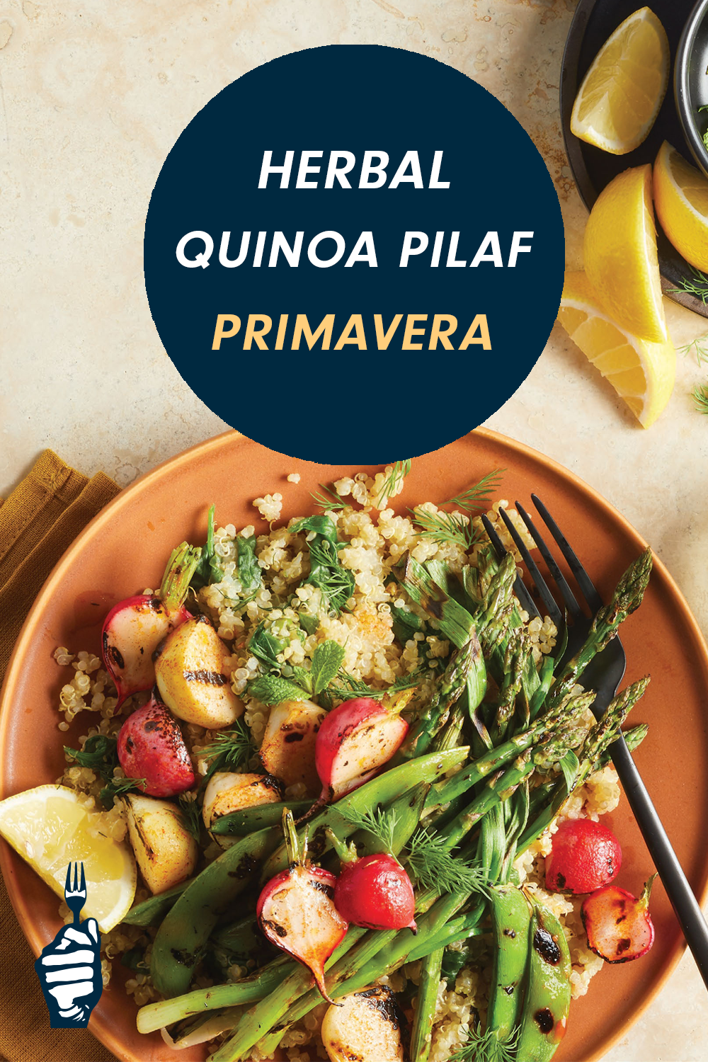 A brown ceramic dinner plate of quinoa topped with grilled asparagus and radishes with a wedge of lemon on the side. Text reads, "Herbal Quinoa Pilaf Primavera."