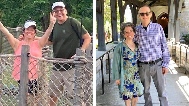 Rachel Schiera and her husband Tony before and after adopting a plant-based diet for weight loss