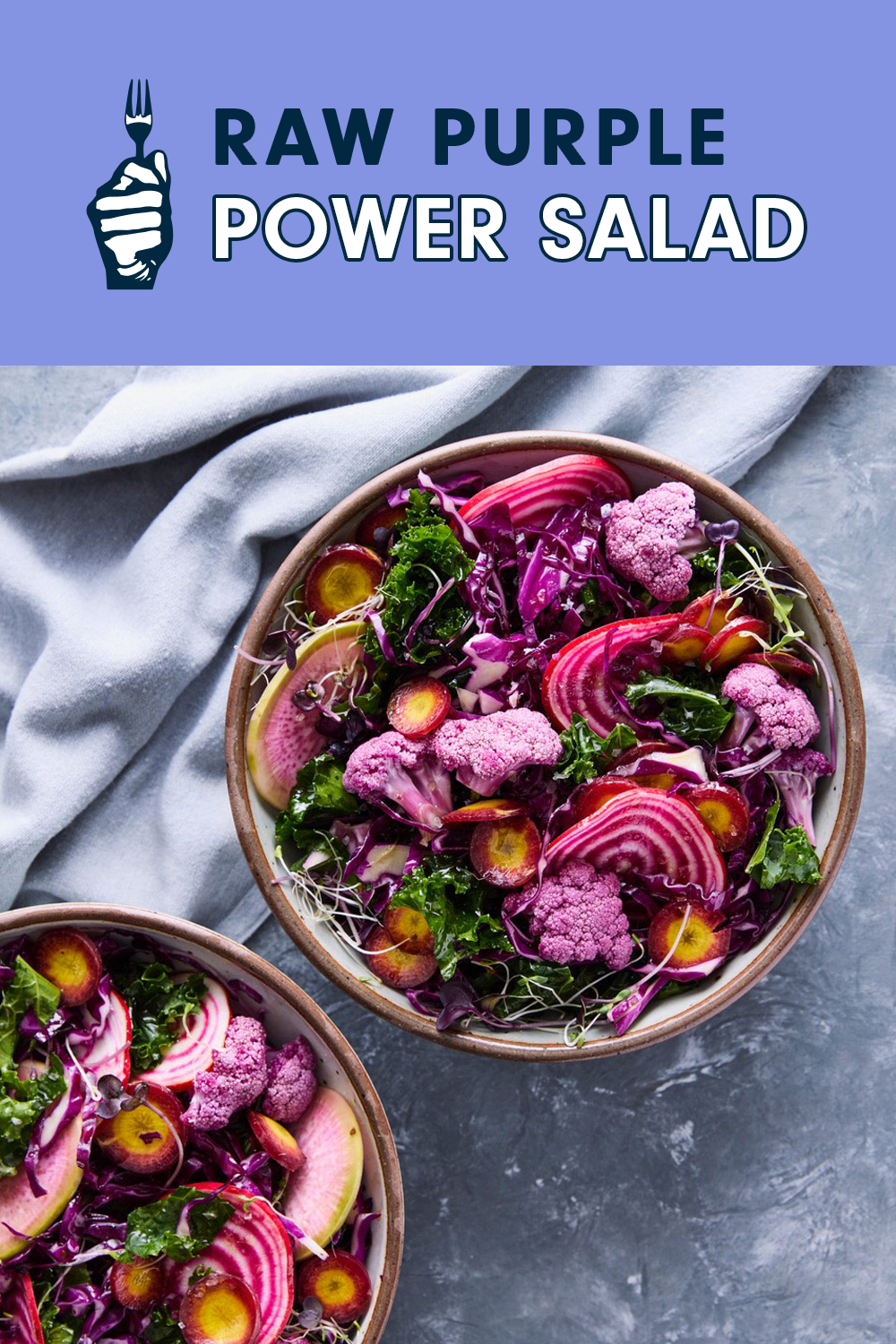 Raw purple-hued salad in ceramic bowls against a gray background. Text reads, "Raw Purple Power Salad"