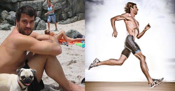 Two photos of Rich Roll. In the left roll is on the beach with a dog and on the right, there is a stylized picture of an extremely fit man, running