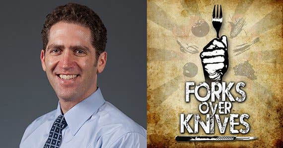 Headshot of Cardiologist Robert Ostfeld next to Forks Over Knives logo