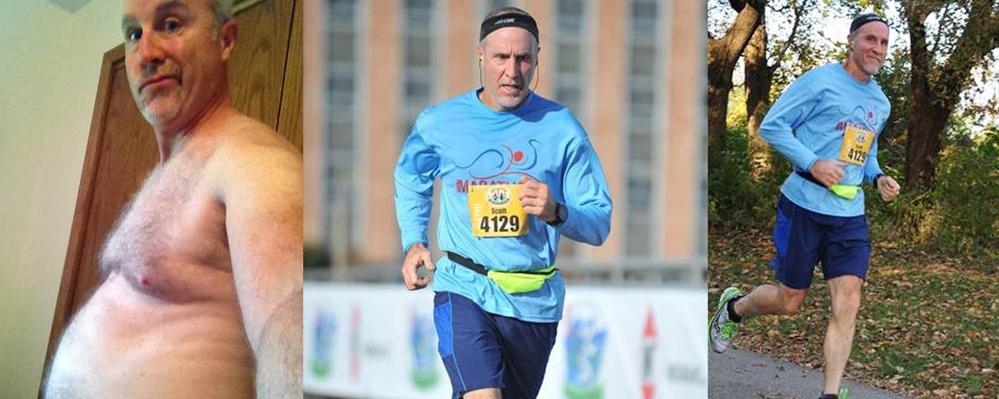 In the left of three images, Scott Putnam is shirtless and has a pot belly. In the other two pictures, Putnam is full of energy as he competes in a running race.