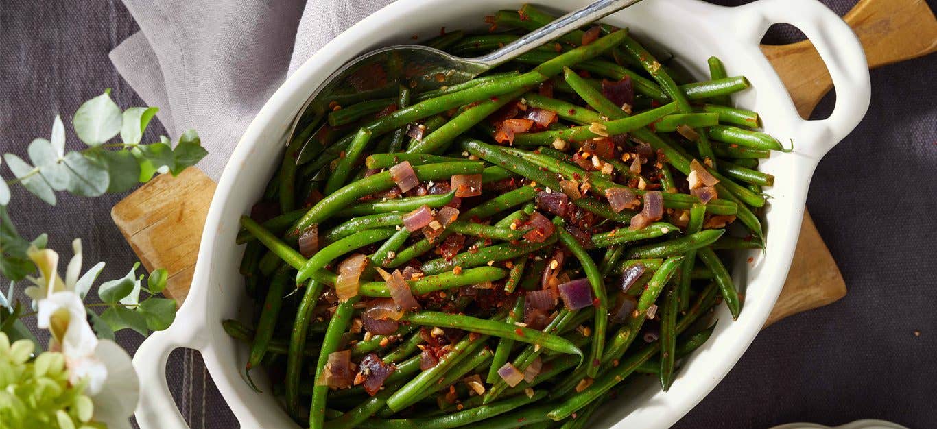 Vegan Southern Green Beans in a white casserole dish