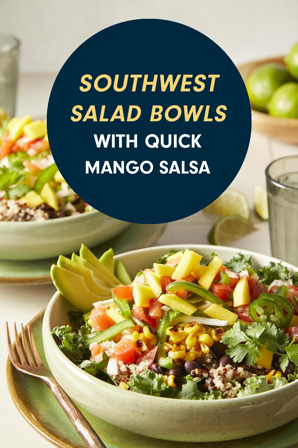 Two colorful grain bowls with text that reads, "Southwest Salad Bowls with Quick Mango Salsa"