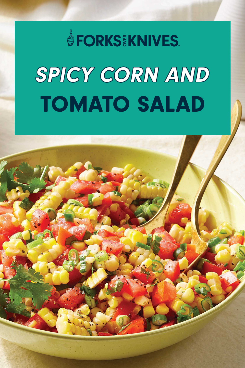 A vibrant bowl of fresh salsa with serving spoons resting in the dish. A title card reads, "Spicy Corn and Tomato Salad"