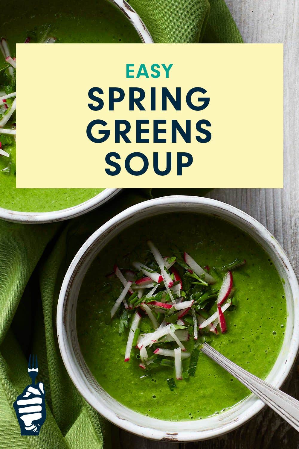 Two bowls of bright green chilled soup, topped with matchstick-cut radishes. The text reads, Text reads "Spring Greens Soup."