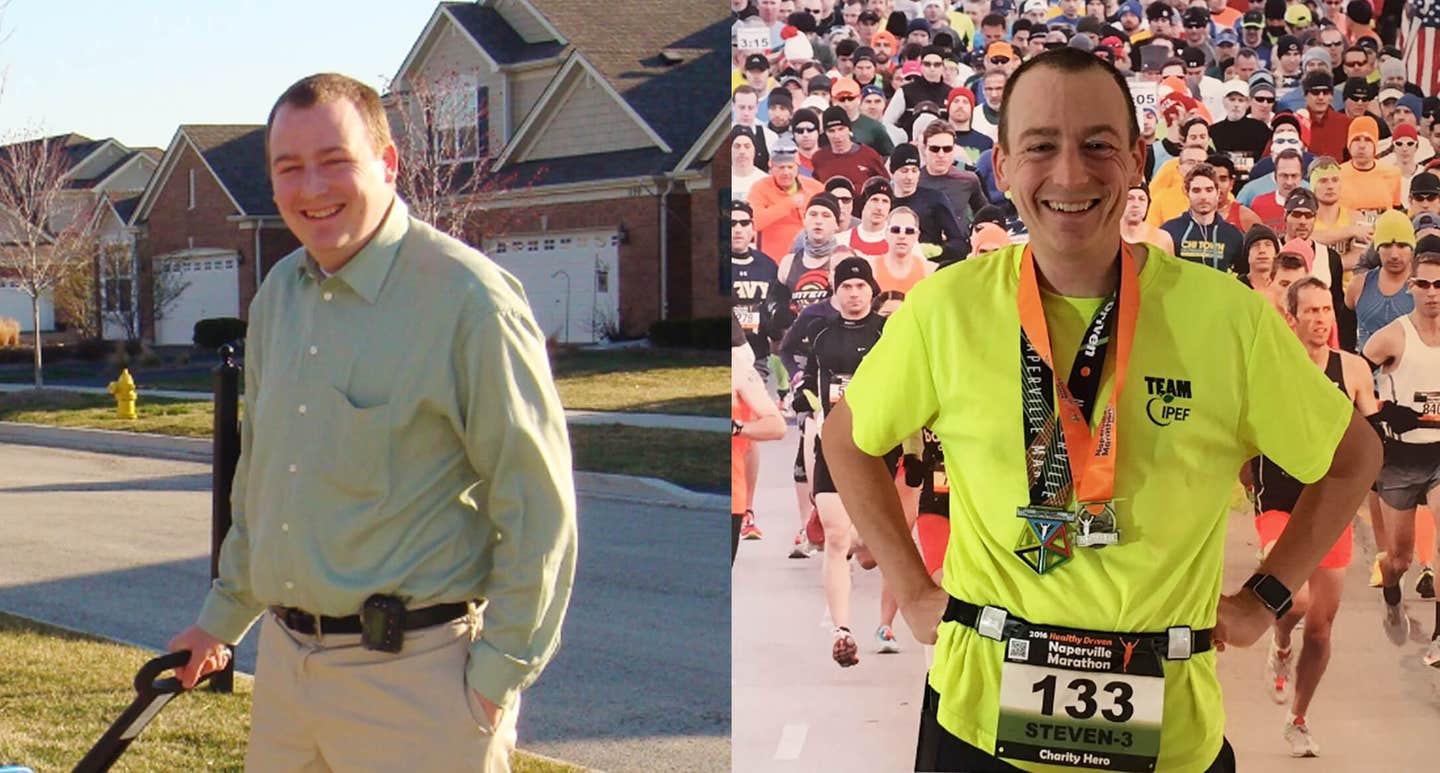 Dr. Steven Lome before and after he lost weight and found better health on a plant-based diet. In the after photo Lome is taking part in a marathon