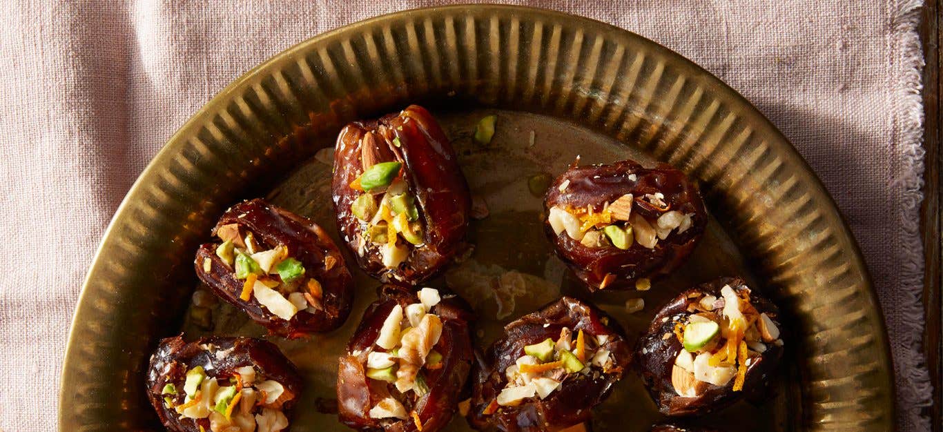 Pistachio Stuffed Dates on a metal tray