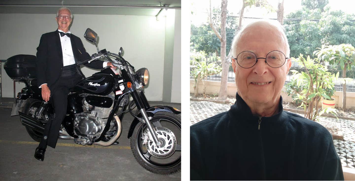 Two photos of 84-year-old Jerry Hunter Nissen. In the left photo, Nissen is riding a motorbike wearing a tuxedo, and in the right, he is looking directly into the camera looking relaxed and peaceful after improving his health on a plant-based diet