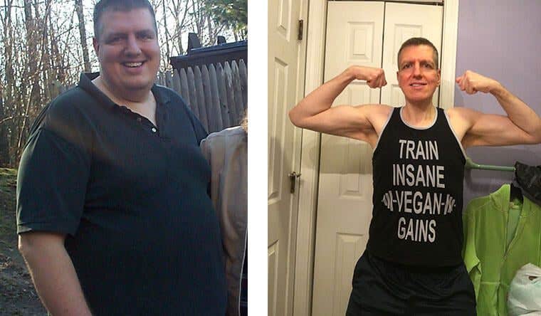 Richard Hubbard before and after losing 150 pounds on a plant-based diet. In the "after" image, Hubbard wearis a sleeveless shirt that reads, "Train Insane Vegan Gains"