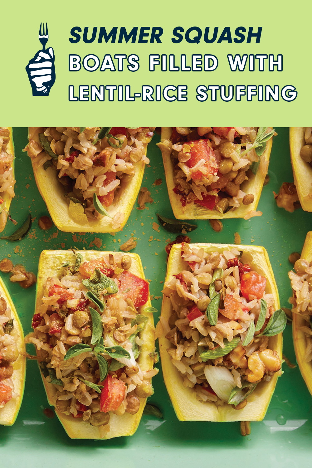 Summer Squash Boats with Lentil-Rice Stuffing on a green background