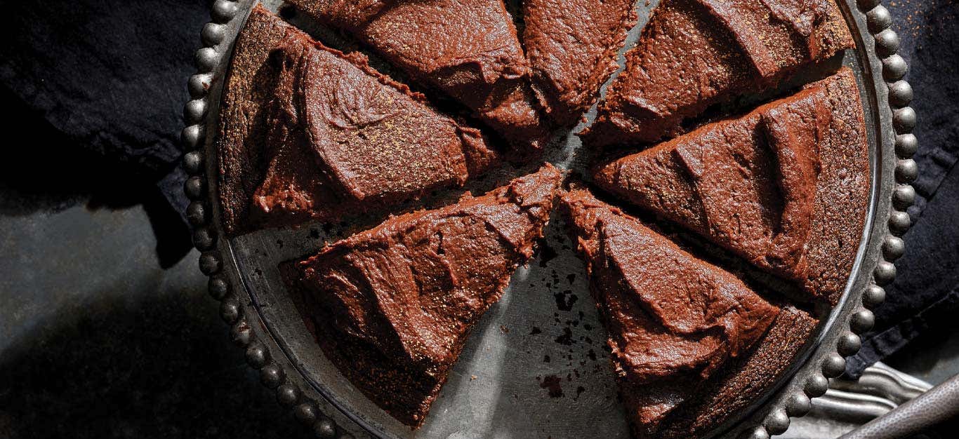 Incredible Chocolate Sweet Potato Cake on a silver metal cake platter