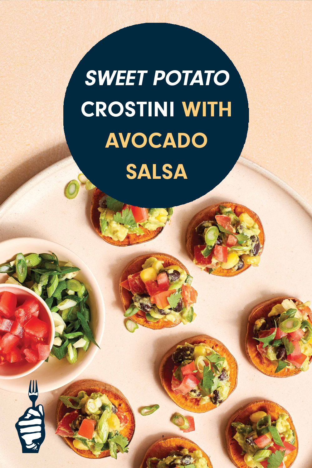 A plate of crostini with a vegan topping with a text, "Sweet Potato Crostini with Avocado Salsa"