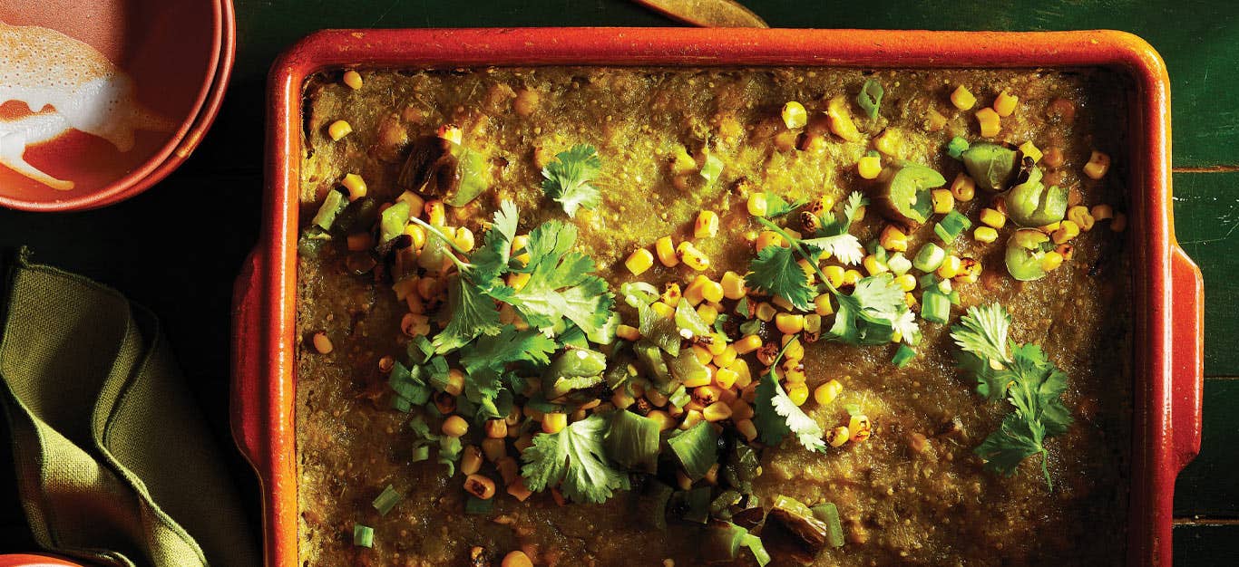 Healthy Salsa Verde Casserole in an orange casserole dish