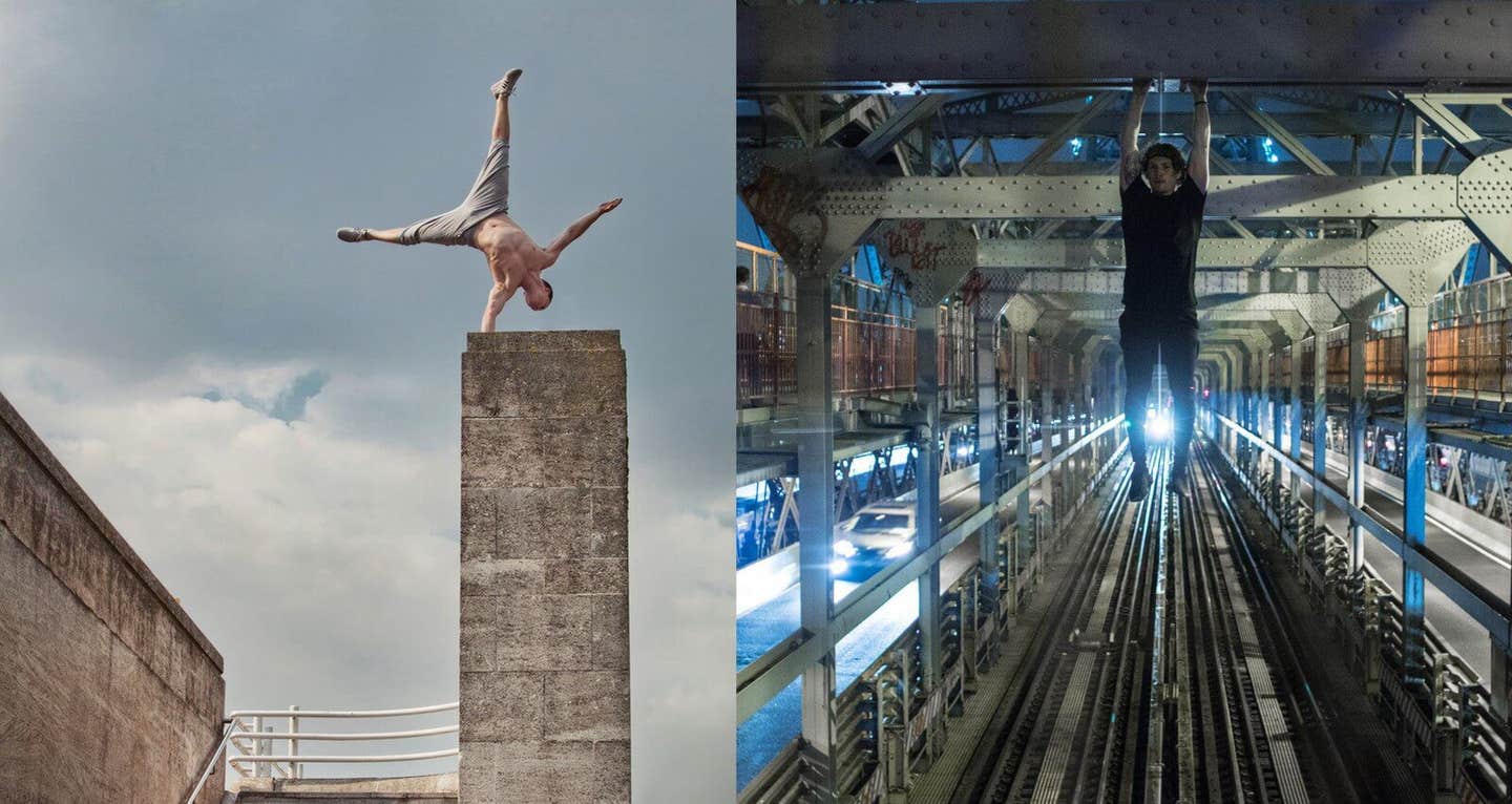 Tim Shieff on top of a tall brick column on one hand, and another photo of Shieff, hanging by his fingers above a track