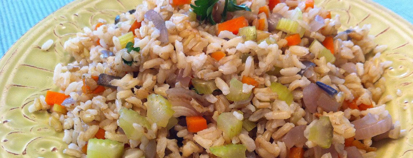 A closeup of a colorful plate of Tom's Plant-Based "Fried" Rice