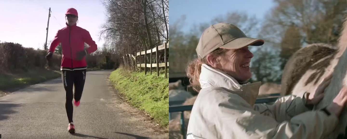 Fiona Oakes jogging down a country road on a cool day next to a photo of Oakes patting a horse