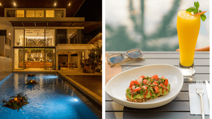 Mother Earth Vegan Hotel exterior shot and photo of avocado toast with fresh orange juice in a tall glass