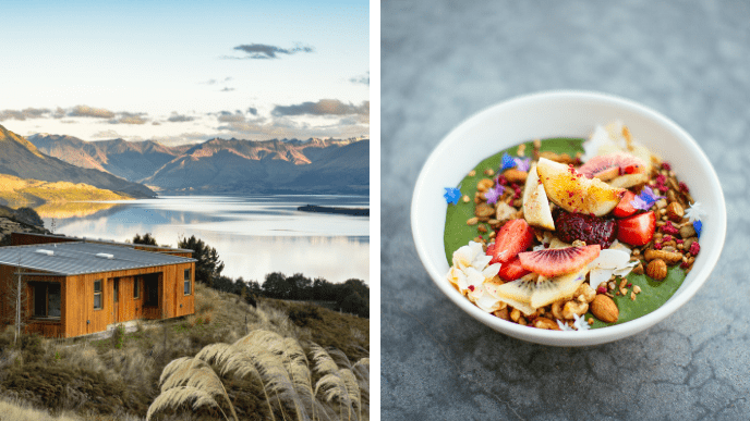 Aro Ha retreat center and photo of a green smoothie bowl with fresh fruit