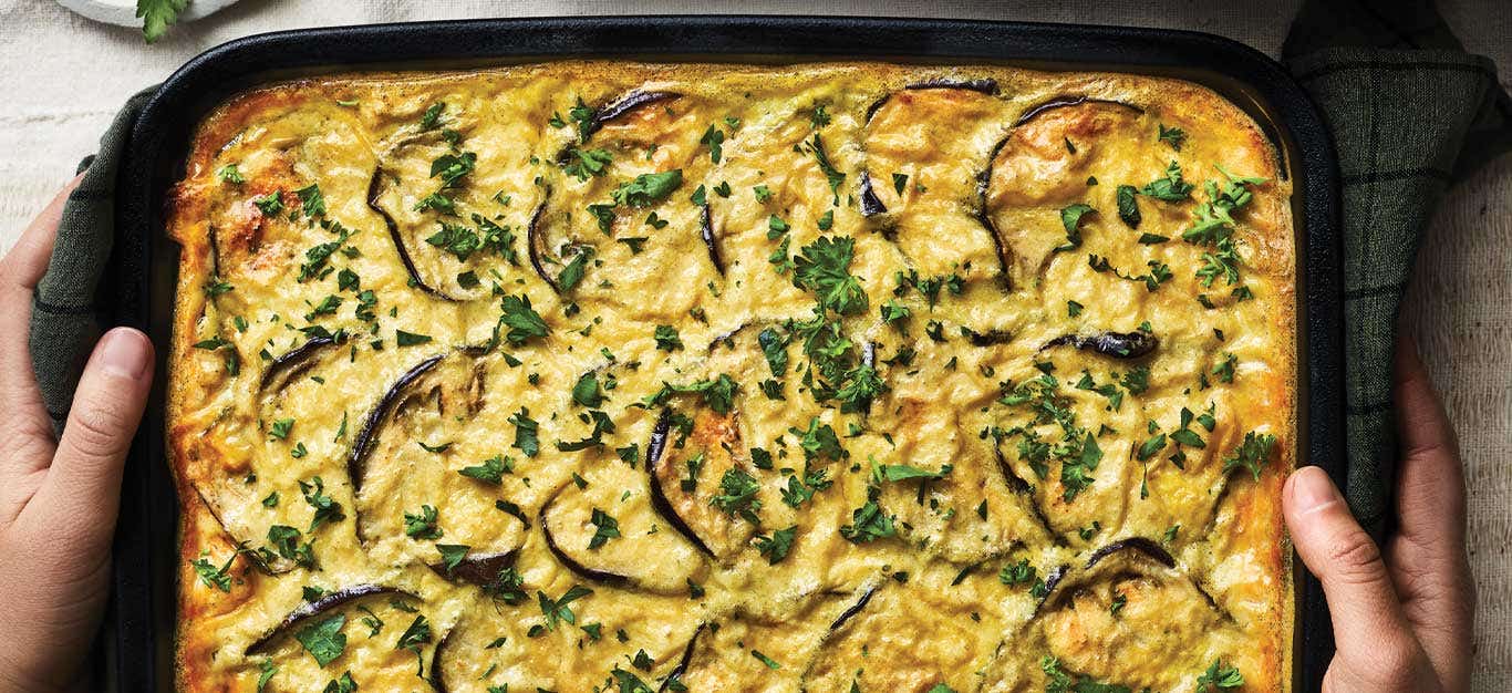 Vegan Moussaka in a casserole dish