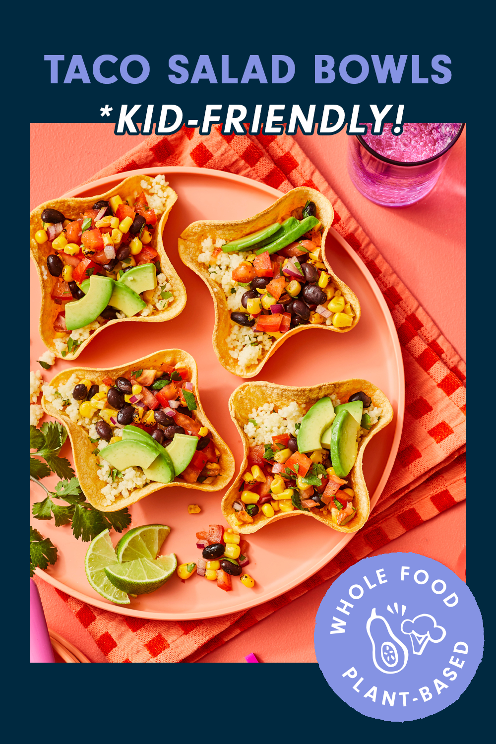 A peach-colored tray filled with tortilla bowls, with text that reads, "Taco Salad Bowls, Kid Friendly."