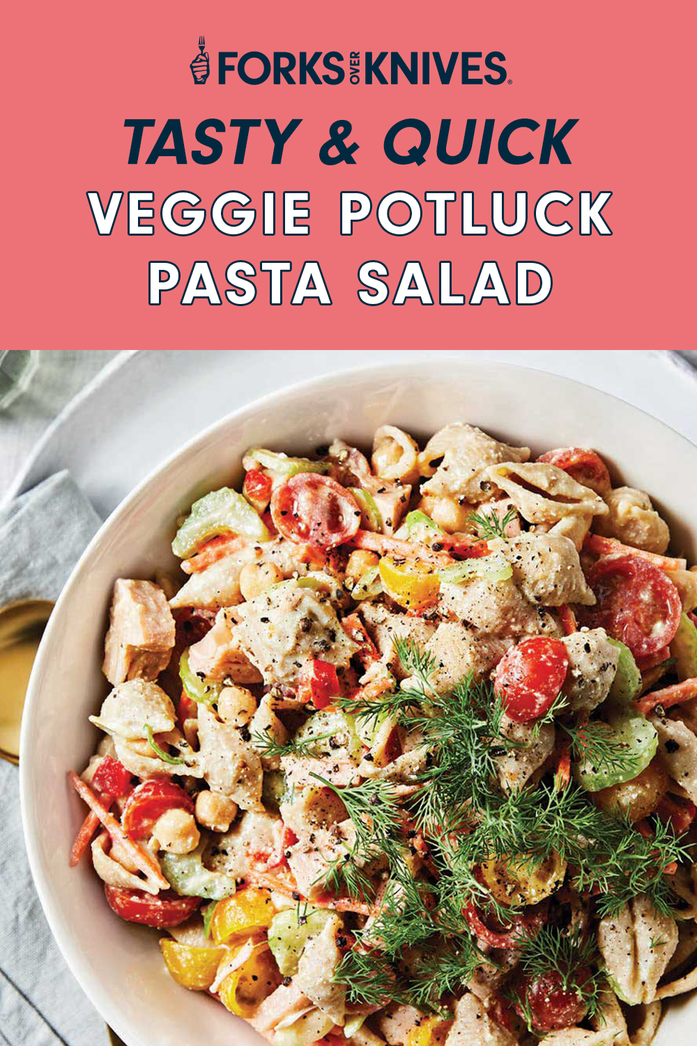 A bowl of creamy vegan pasta salad, with a title that reads, Tasty and Quick Veggie Potluck Pasta Salad"