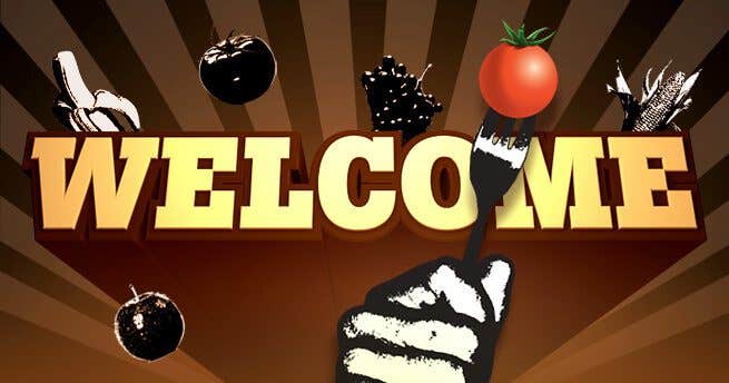 A graphic of a large hand holding a fork in front of bold text that says, "Welcome"