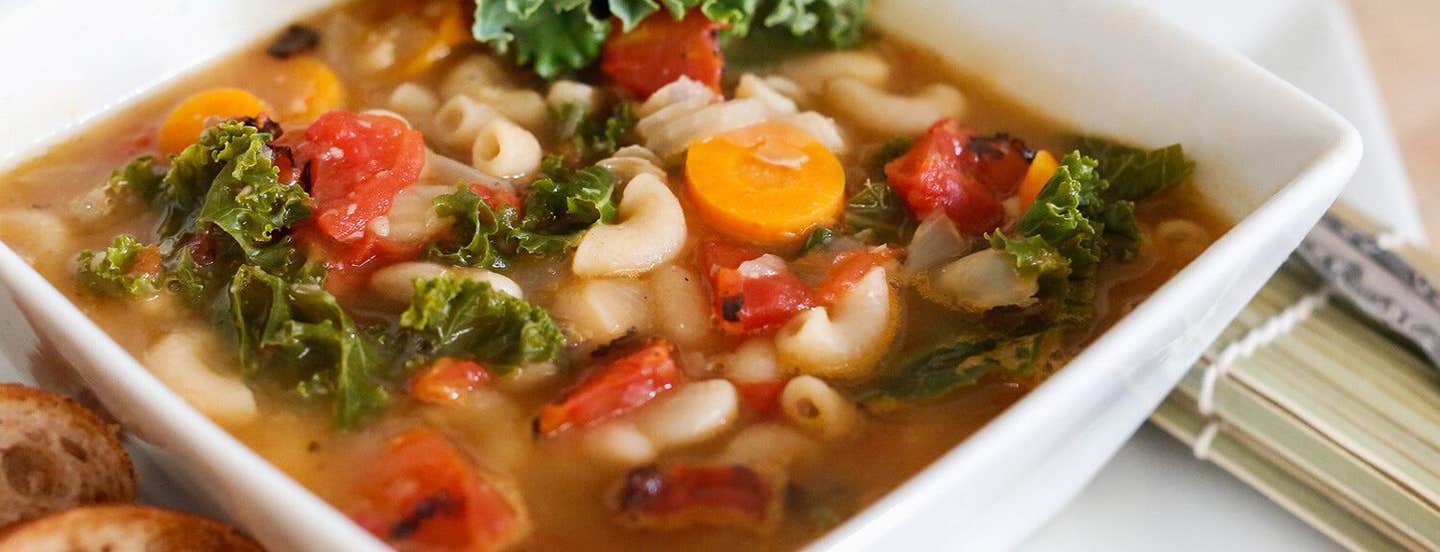 A square bowl of White Bean and Vegetable Soup