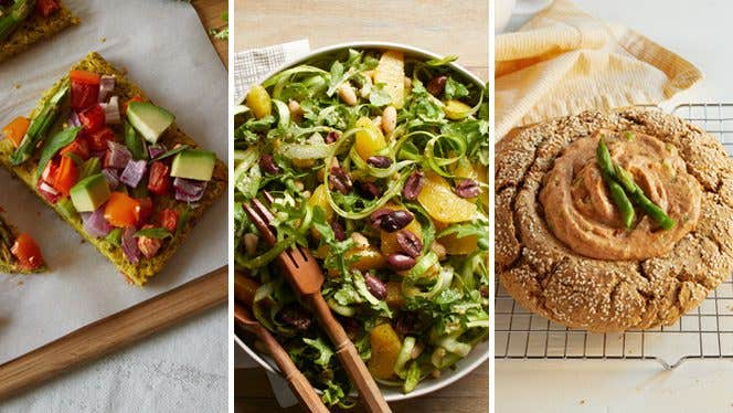 Three photos of asparagus recipes: 1) square slice of homemade pizza with asparagus on top, 2) shaved asparagus salad, 3) asparagus dip in a bread bowl