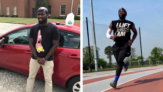 Two photos of Brad Washington before and after adopting plant-rich diet for prediabetes: On the left, he leans against a car; on the right, he's slimmer and running on an outdoor race track