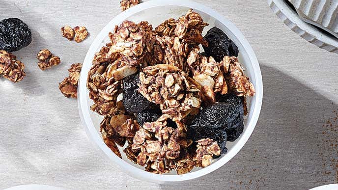 Chocolate-Cherry Granola in a small white bowl