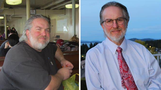 Dave Wegener, before and after. In the after photo, Wegener is 100 pounds lighter and is wearing a well-fitted white business shirt and a tie.