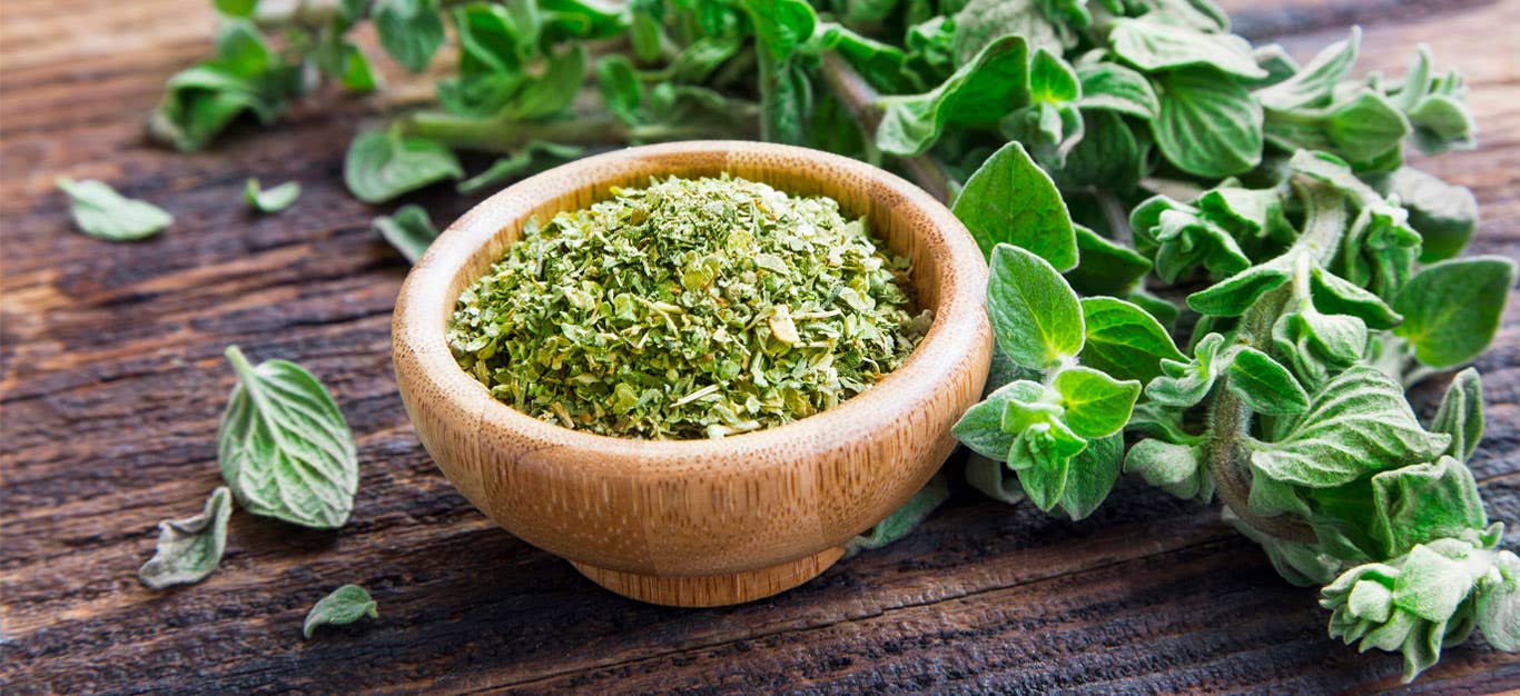 A bunch of fresh oregano on the stem beside a wooden bowl of dried and crushed oregano