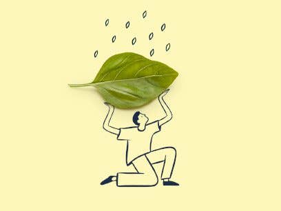 Cartoon man hiding under a leaf with wheat seeds raining down from above