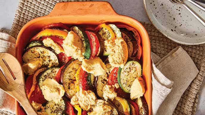 Summer Vegetable Gratin in a terracotta baking dish