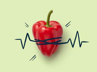 Bell pepper that looks like a hearty has cartoon lines drawn around it to signify a heart attack