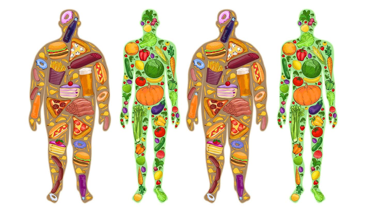 The human body depicted as a graphic, the thinner body size is filled with fresh fruits and veggies and the larger frame is filled with hot dogs, hamburgers, cakes, and other junk food