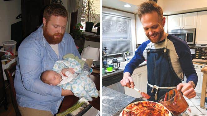 Two photos side by side of a young man before and after transitioning from junk-food vegetarian to whole-food vegan, demonstrating a 200-pound weight loss