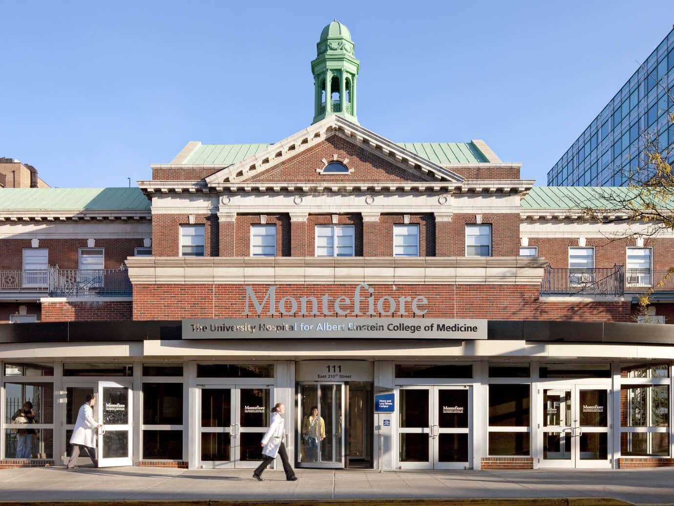 Entrance to Montefiore Hospital, which serves plant-based meals