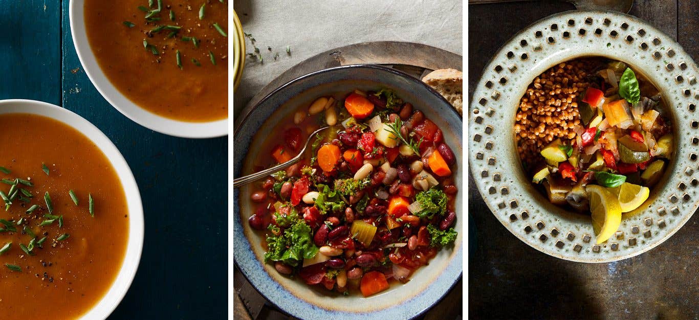 A collage of three images, each with a different bowl of vegan soup made with a slow cooker