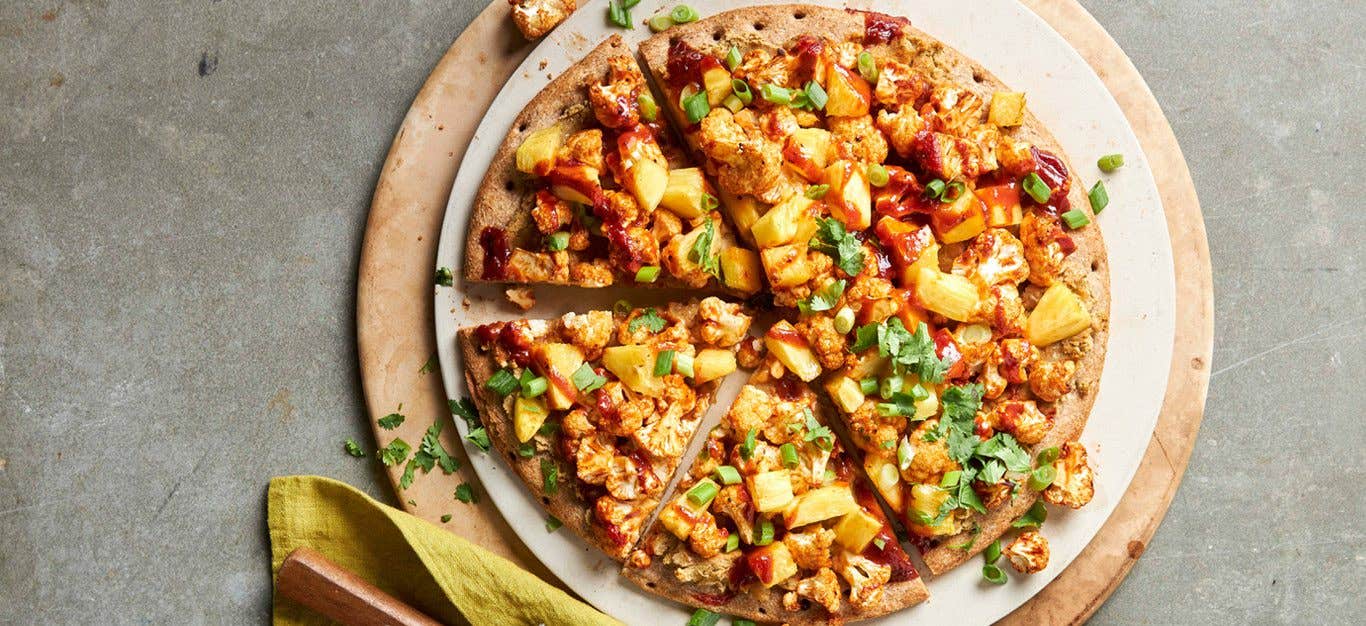 Cauliflower Barbecue Vegan Pizza Made at Home - shown on gray surface