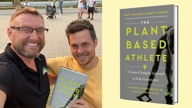 Robert Cheeke and Matt Frazier next to a copy of their book 'The Plant-Based Athlete'