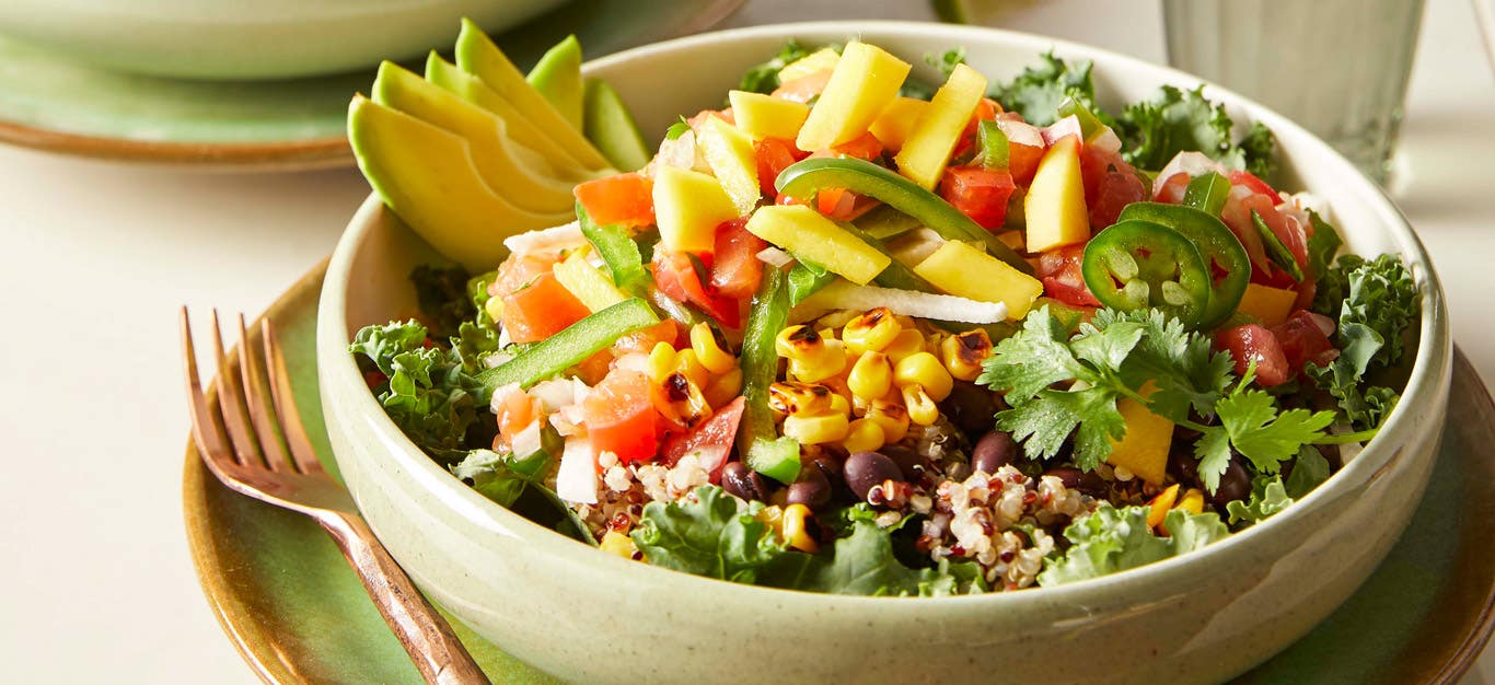 Southwest Salad Bowls with Quick Mango Salsa in white ceramic bowls