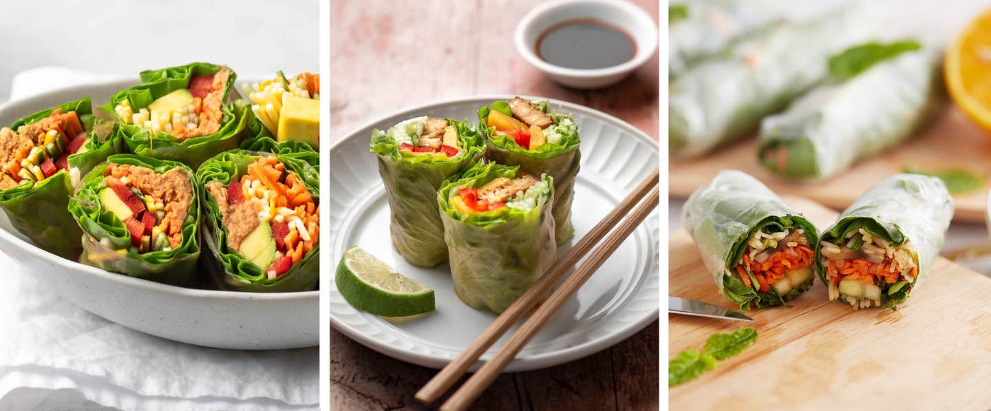 Three photos of different types of vegan fresh spring rolls