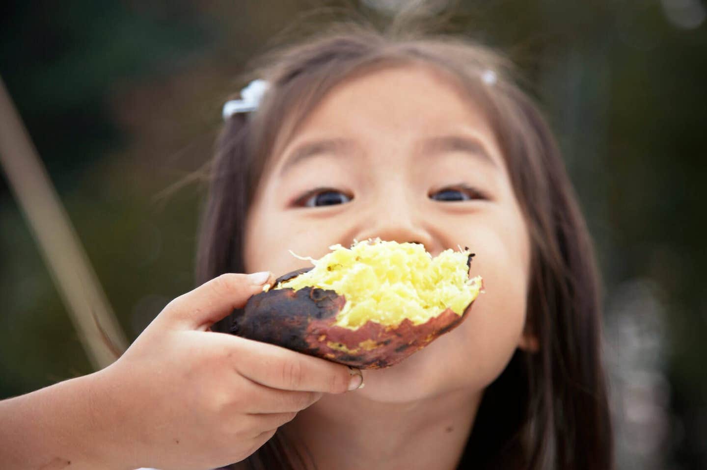 Young girl holds a large baked potato up to her face, obscuring her mouth